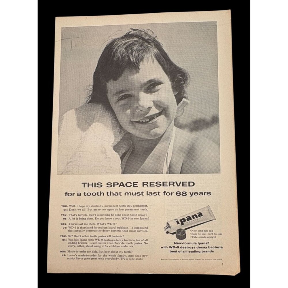Ipana Toothpaste Vtg Print Ad 50s Tooth Decay Dental Hygiene Girl Missing Tooth